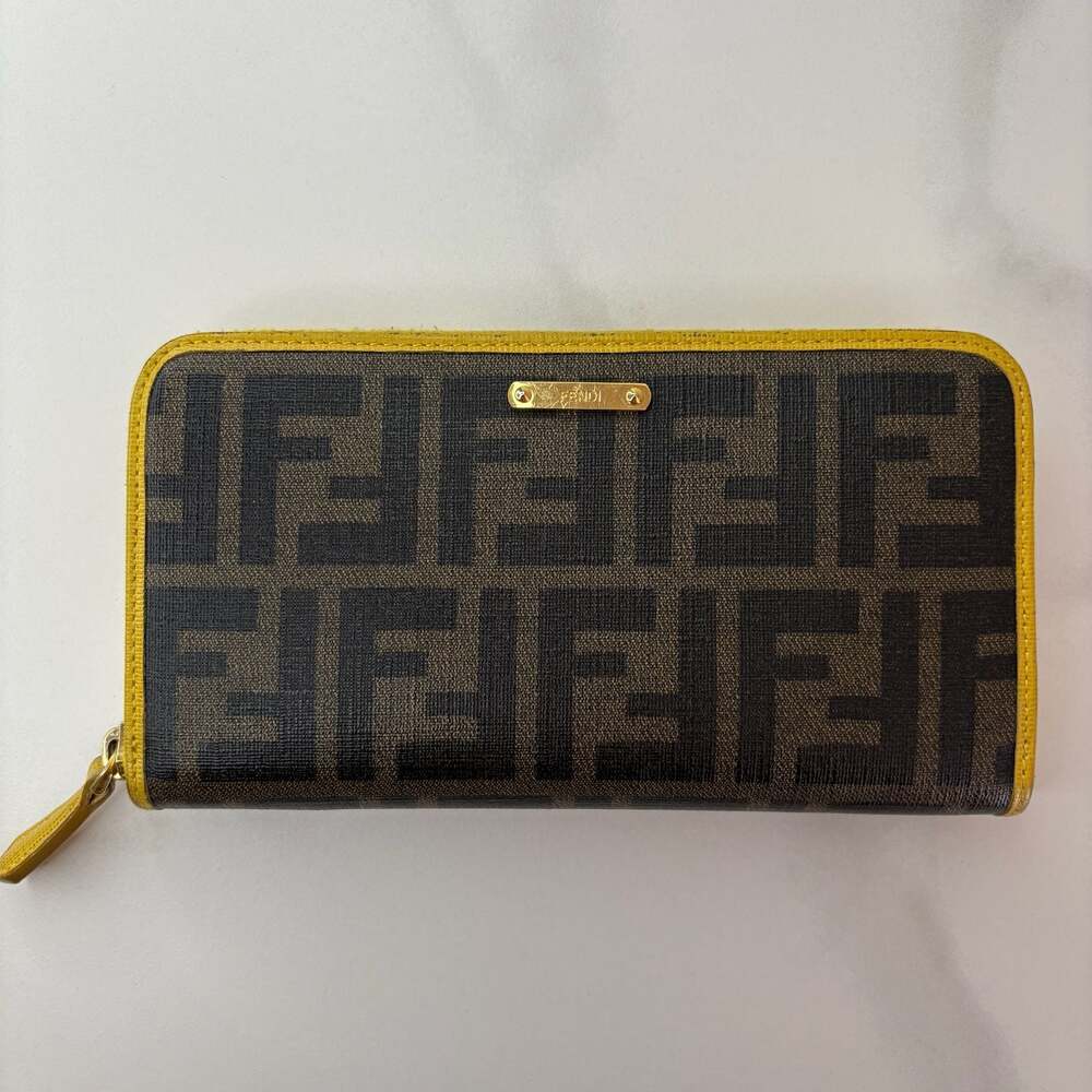 Fendi Zucca Coated Canvas Zip Around Continental Wallet in Brown and Yellow